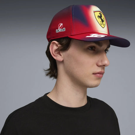 Ferrari red cap on model’s face with Charles Leclerc name