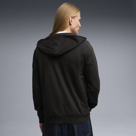 Ferrari red hoodie viewed from the back with model