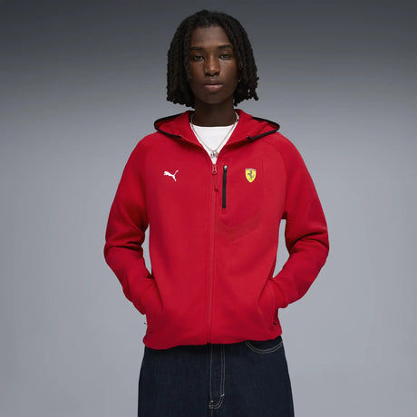 Ferrari red zip-up pullover worn by model front view