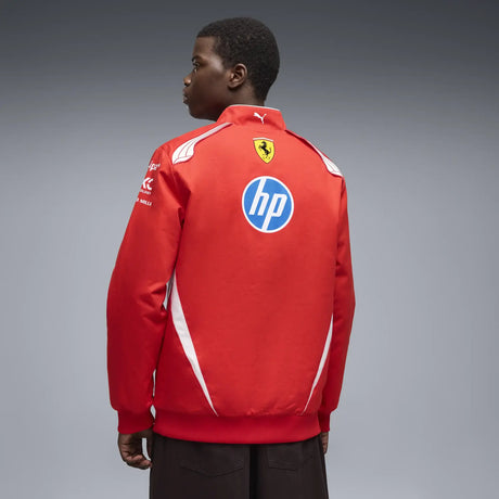 Red Ferrari jacket back with HP logo.