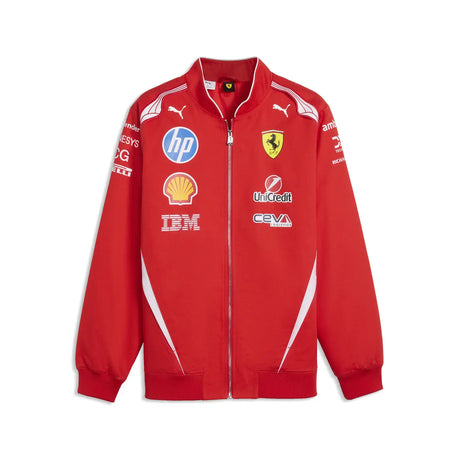 Red Ferrari jacket front with visible logos.