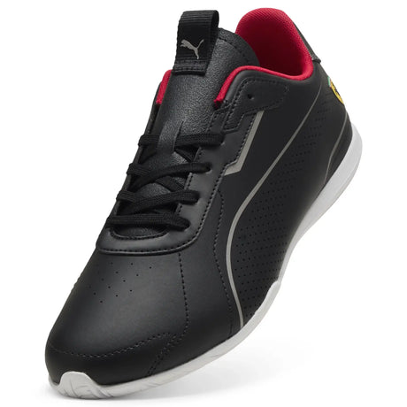 Black Ferrari shoe front view with red lining and logo