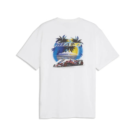White T-shirt with Miami graphic and race car.