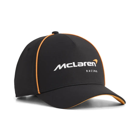 Black McLaren cap front view with orange trim.