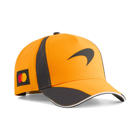 Black McLaren cap side view with orange details.