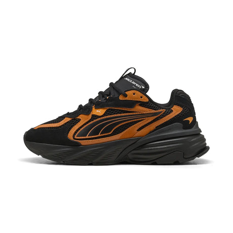 Side view of PUMA shoe black and orange combination