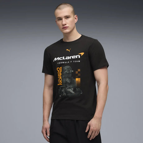 Model wearing black McLaren t-shirt with Lando Norris graphic
