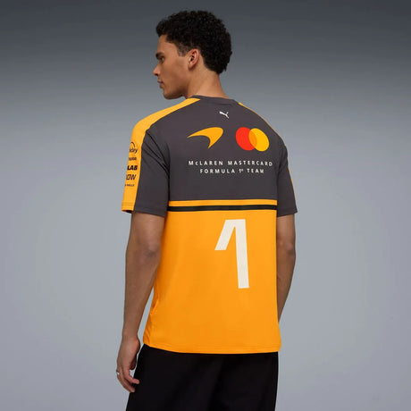 McLaren t-shirt back view dark gray and yellow with number 1