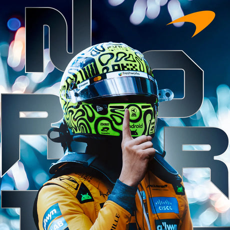 Lando Norris poster, green helmet, yellow racing suit.