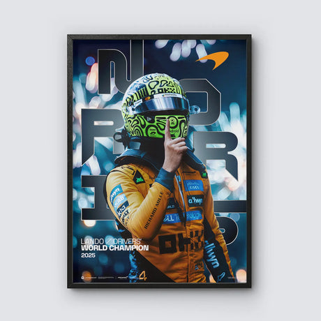 Lando Norris framed poster with green helmet and yellow overalls.