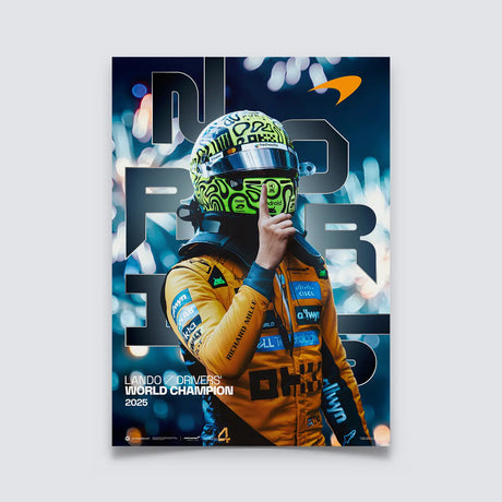 Lando Norris champion poster, yellow racing suit, green helmet.