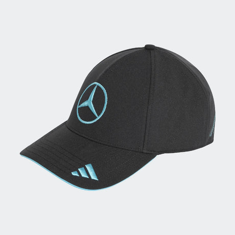 Black cap with Mercedes logo.