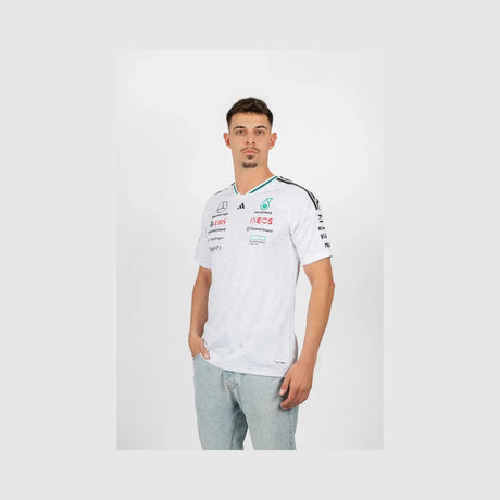 Young man front view in white Mercedes crew neck t-shirt