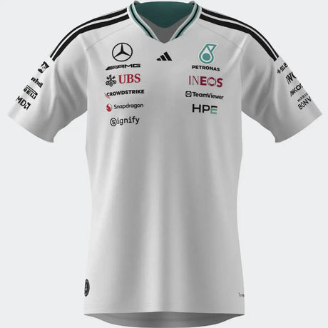 White Mercedes round neck T-shirt with 3-stripe design.