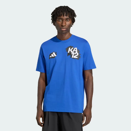 Blue t-shirt with adidas logo and KA12 print on front.