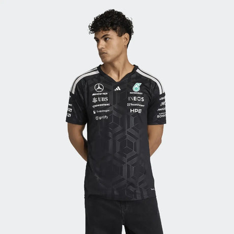 Black Mercedes t-shirt side view with geometric pattern