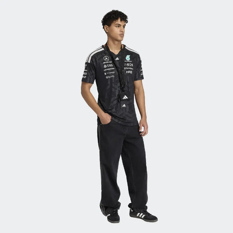 Black Mercedes t-shirt standing side view with geometric pattern
