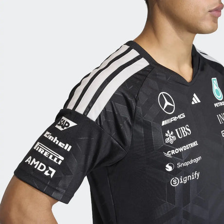 Black Mercedes t-shirt close-up of left side geometric pattern