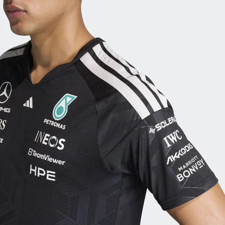 Black Mercedes t-shirt close-up of right side geometric pattern