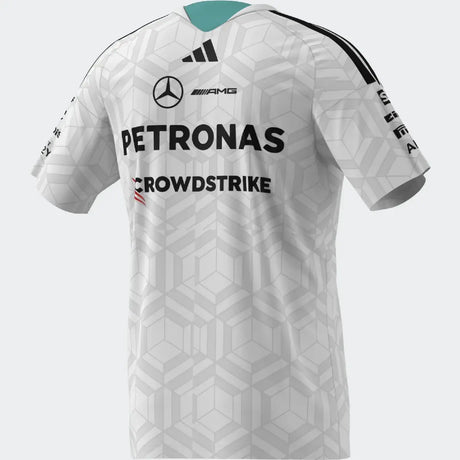 White Mercedes t-shirt with black lettering on back
