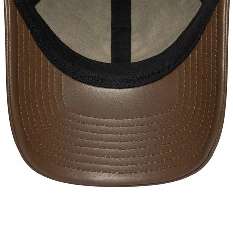 Bottom view of New York Yankees cap with brown leather strap.