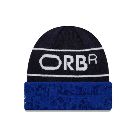 Blue rib-knit cap with white logo