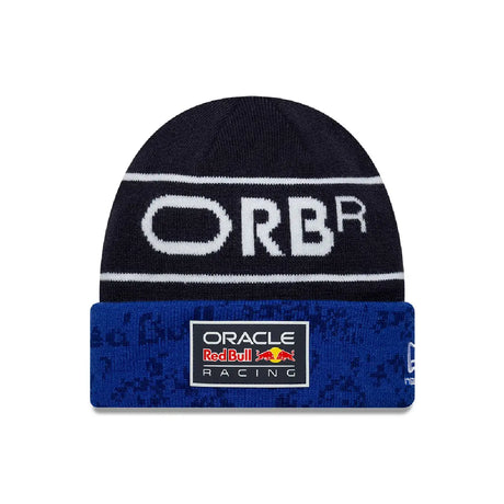 Blue rib-knit cap with white lettering