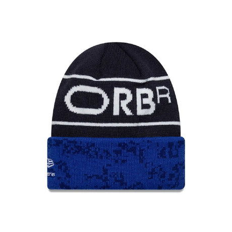 Blue knitted cap with logo and plain back