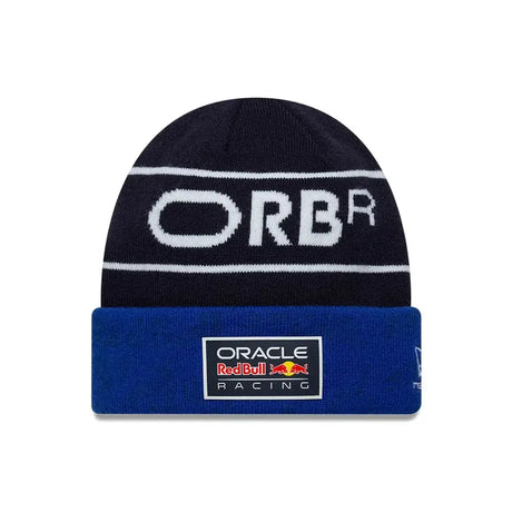 Blue ribbed knit beanie with Red Bull Racing lettering.