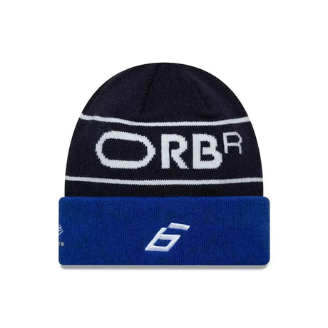 Blue ribbed knit beanie with ORBR logo.