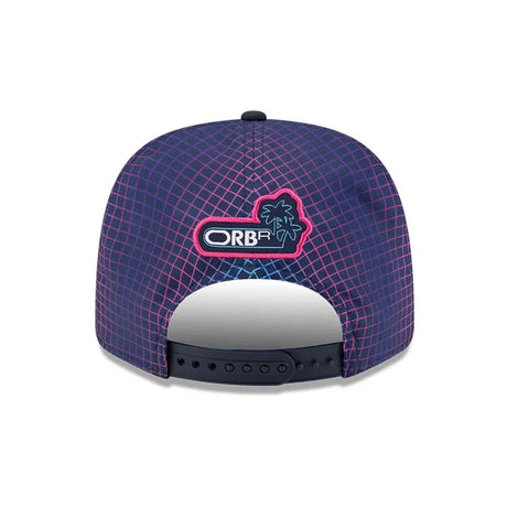 Blue cap back with grid pattern and logo.