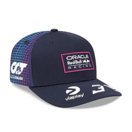 Red Bull cap front with blue grid pattern.