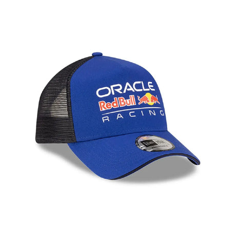 Blue trucker cap side view with ORACLE and RACING logos