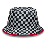 Checked hat with black and white pattern side view.