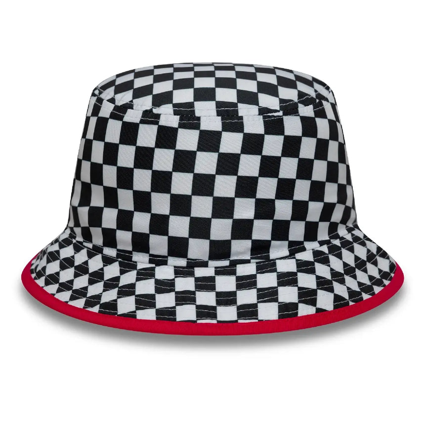 Checked hat with black and white pattern side view.